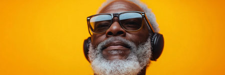 Afroamerican grandpa wearing headphones against a yellow background, mock-up, clean, simple and elegantの素材