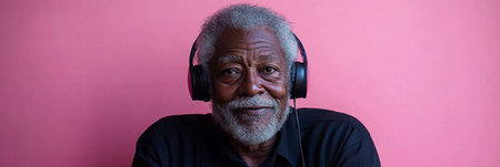 Afroamerican grandpa wearing headphones against a pastel pink background, mockup, clean, simple and elegant, bannerの素材