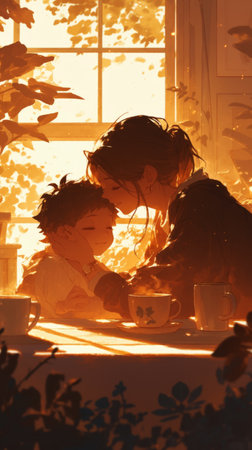 In a tender moment of care, a child shares a warm cup of tea with their weary parent, showing deep compassionの素材