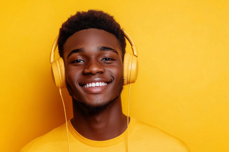 Portrait of a smiling Afroamerican young man with headphones on a yellow background, perfect for a stylish, clean mockupの素材