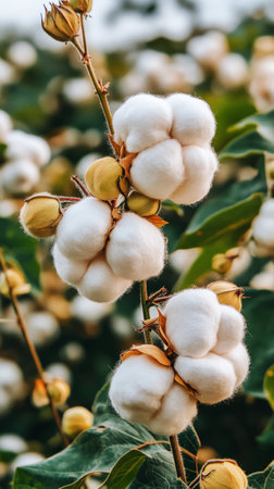 Soft cotton bolls captured in detail, showcasing their crisp texture, delicate fibers, and organic beauty with green leaves and stems adding a natural touchの素材