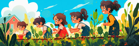 A group of kids planting seeds in a vegetable garden, learning about nature and agriculture. the outdoor activity connects them to the earth and the joys of gardening, bannerの素材