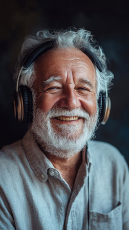 Elderly man enjoying music with headphones on, against a simple dark backdrop, clean and modern aestheticの素材