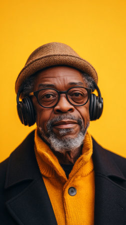 Close-up of an elderly Afroamerican man in headphones, modern yellow backdrop, minimalist look and stylish and freshの素材