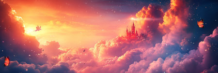 In a whimsical, fantastical style a fairy tale castle stands in a magical forest, butterflies flutter a fairy flies, and a unicorn roams, as glowing light and stars fill the air, bannerの素材