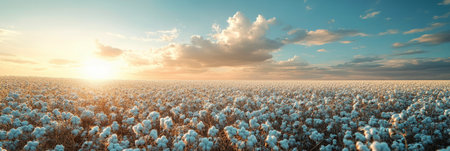 A serene cotton field at dawn, with rows of fluffy white bolls glowing in the warm, soft light evoking a sense of peace, bannerの素材