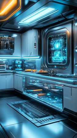 Modern minimalist kitchen featuring a silver and white palette, glossy finishes, advanced technology, clean lines for a sophisticated high-tech lookの素材