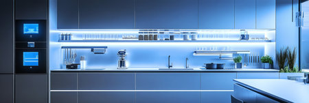 Futuristic interior with streamlined metallic surfaces, touch-screen counters, and ambient lighting, embodying innovation , smart design in a luxurious kitchen, bannerの素材