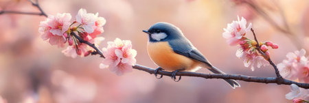 Experience the tranquility of spring as a colorful songbird perches on a cherry blossom branch, surrounded by soft petals and ethereal light, bannerの素材