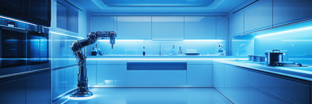 Futuristic interior with streamlined metallic surfaces, touch-screen counters, and ambient lighting, embodying innovation and smart design in a luxurious kitchen, bannerの素材