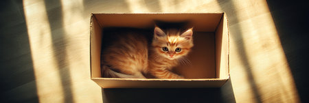 Top view of a fluffy kitten curled in a box, calm and snug with soft fur on the bare floor, capturing peace and rest, bannerの素材