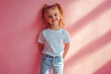 A cute smiling kid stands confidently in a white blank t-shirt and trousers against a pastel pink background, radiating joy and playfulness, perfect for a clothing mock-upの素材