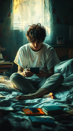 In a dimly lit room, a teenager sits on their bed, withdrawn and vulnerable, with books and a phone scattered nearby, soft shadows creating a sense of quiet emotional solitudeの素材