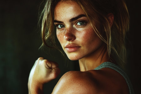 A close-up portrait of a muscular woman confidently flexing her bicep, with dramatic lighting accentuating the definition and strength of her toned physique against a dark, minimalistic backgroundの素材