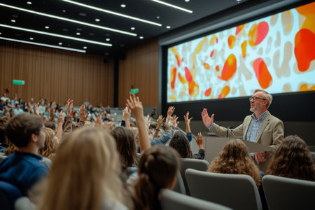 A professor enthusiastically delivering a lecture in a modern university hall, students actively participating by raising hands, fostering a lively , collaborative learning environmentの素材