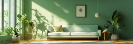 Elegant living room interior decorated in mint and olive hues, showcasing a harmonious blend of clean aesthetics , cozy minimalist home decor trends, bannerの素材