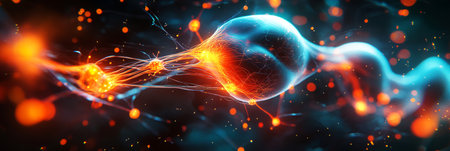 The close-up reveals glowing neural connections firing within the body, with electrical impulses spreading throughout, forming a pulsating web of light in a dynamic futuristic bannerの素材