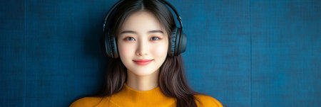A playful portrait of an Asian girl smiling as she listens to music or studies, with headphones on her head and a blue background reflecting a calm, joyful atmosphere, bannerの素材