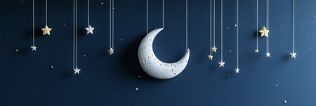 A serene, clean mock-up with a dark blue gray wall decorated with a silver moon, stars and dots on thread, creating an enchanting atmosphere for a children celebration or a child bedroom, bannerの素材