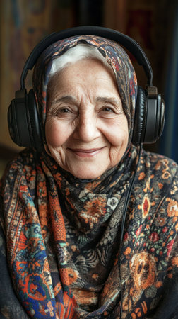 The joyful Arab grandma, wearing headphones, smiles softly in front of a navy blue background, creating a serene, modern minimalist mock-upの素材
