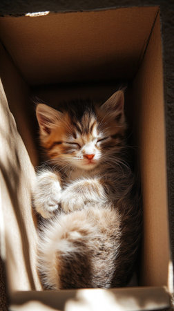 A soft and fluffy kitten rests in the corner of a box, cozy and quiet, with its fur gentle against the plain cardboardの素材