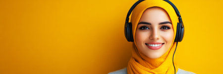 A relaxed, smiling Arab girl with white headphones poses in front of a yellow background, embracing a chic and minimalist mock-up design, bannerの素材