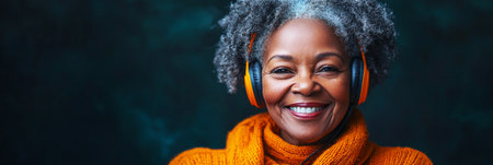A happy African American grandmother wearing headphones on her head, with a dark chocolate wall backdrop, illustrating the blissful concept of music enjoyment or learning for all ages, bannerの素材