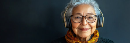 A relaxed, smiling Arab grandma with headphones stands in front of a navy blue background, embodying chic elegance in a simple, minimalist mock-up design, bannerの素材