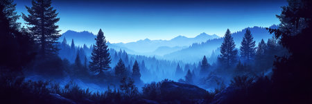 A serene panoramic view captures the mysterious redwood forest at dusk with giant trees silhouetted against a deep blue sky and the fading light casting shadows over the cool landscape, bannerの素材