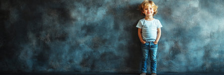 Adorable kid poses happily in a blank white t-shirt and trousers, surrounded by a bright and dynamic gray background, offering a stylish and fun mock-up template, bannerの素材