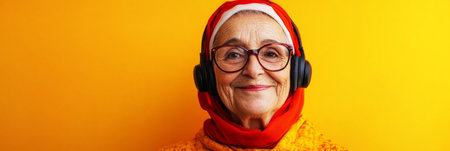A relaxed, smiling Arab grandma with headphones stands in front of a yellow background, embracing a chic and simple minimalist mock-up design, bannerの素材