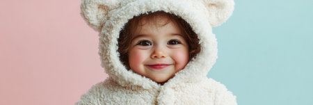 A cheerful child in a soft white bear costume, with fluffy fur and rosy cheeks, standing against a pastel backdrop, embodying innocence, cuteness, and happiness, bannerの素材