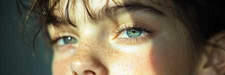 A reflective close-up of a sad teenager with a tear rolling down their cheek, natural light gently illuminating their face, revealing the emotional depth of their silent sorrow, bannerの素材