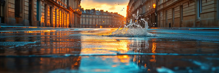 A fresh, peaceful morning in the city, with a wet street and the soft glow of diffused light shining through clouds, the pavement reflective and calm, setting a serene and quiet tone, bannerの素材