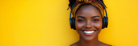 An African American woman happily wearing headphones, with a bright yellow background, portrayed in a simple and modern minimalistic style, symbolizing the joy of music or learning, bannerの素材