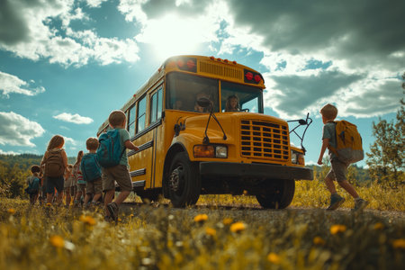 Cheerful children board a bright yellow school bus, backpacks and lunchboxes in hand, their faces full of joy and energy, captured in vibrant, lively lifestyle photographyの素材