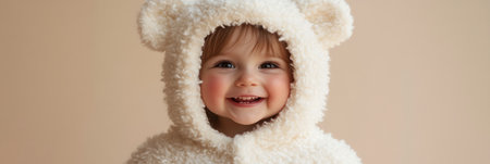 A cheerful child in a soft white bear costume, with fluffy fur and rosy cheeks, standing against a pastel backdrop, embodying innocence, cuteness, and happiness, bannerの素材