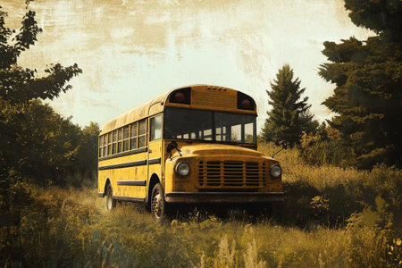 A vintage school bus traveling through a sunlit rural area, surrounded by fields and trees, in retro-inspired digital art, evoking a warm, adventurous, and nostalgic vibeの素材