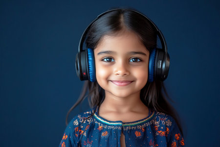 Portrait of a smiling Indian 8-year-old girl with headphones, navy background, perfect for a minimalist mock-up concept of music or studyingの素材