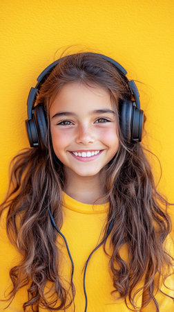 A cheerful girl with headphones, grinning against a bright yellow backdrop, capturing the energy of music and happiness in a vibrant, youthful portraitの素材