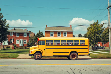 A yellow school bus drives down a suburban street, its bright color and iconic stop sign visible. Children wait eagerly at the bus stop under a clear, sunny sky, creating a nostalgic sceneの素材