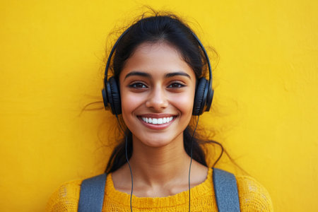 A smiling Indian girl with headphones, yellow background, embodying a love for music and online learning, perfect for modern educational or music-related visualsの素材