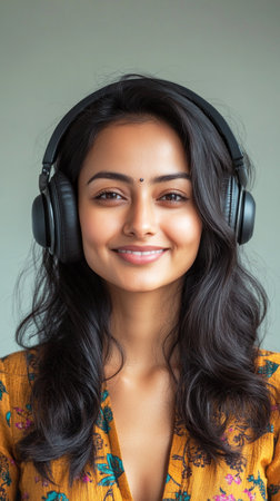 Portrait of a joyful Indian girl with headphones, mint background, capturing the essence of online learning or music passion, ideal for tech-savvy and educational themesの素材