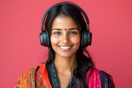 A smiling Indian girl with headphones, soft pink background, embodying a love for music and online learning, perfect for modern educational or music-related visualsの素材