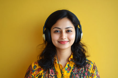 A smiling Indian girl with headphones, yellow background, embodying a love for music and online learning, perfect for modern educational or music-related visualsの素材