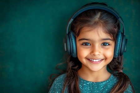 Portrait of a smiling Indian 8-year-old girl with headphones, green background, perfect for a minimalist mock-up concept of music or studyingの素材