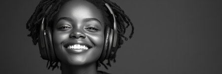 A relaxed African American girl smiling with headphones, portrayed in monochrome minimalism, symbolizing the enjoyment of music or focus on learning, with an expressive and peaceful mood, bannerの素材