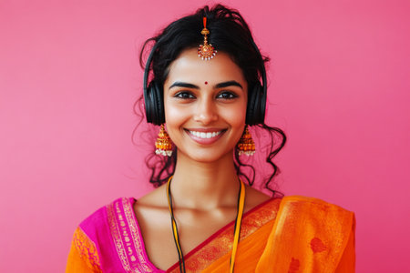 A smiling Indian girl with headphones, soft pink background, embodying a love for music and online learning, perfect for modern educational or music-related visualsの素材