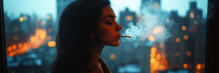 A woman in noir-inspired photography, smoking a cigarette near a window, relaxed yet mysterious, with the city skyline visible through the glass and soft shadows across her face, bannerの素材