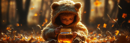 A joyful child in a fluffy bear costume, holding a honey jar with a big smile, in a warm and playful animated illustration style, perfect for a sweet, charming theme, bannerの素材